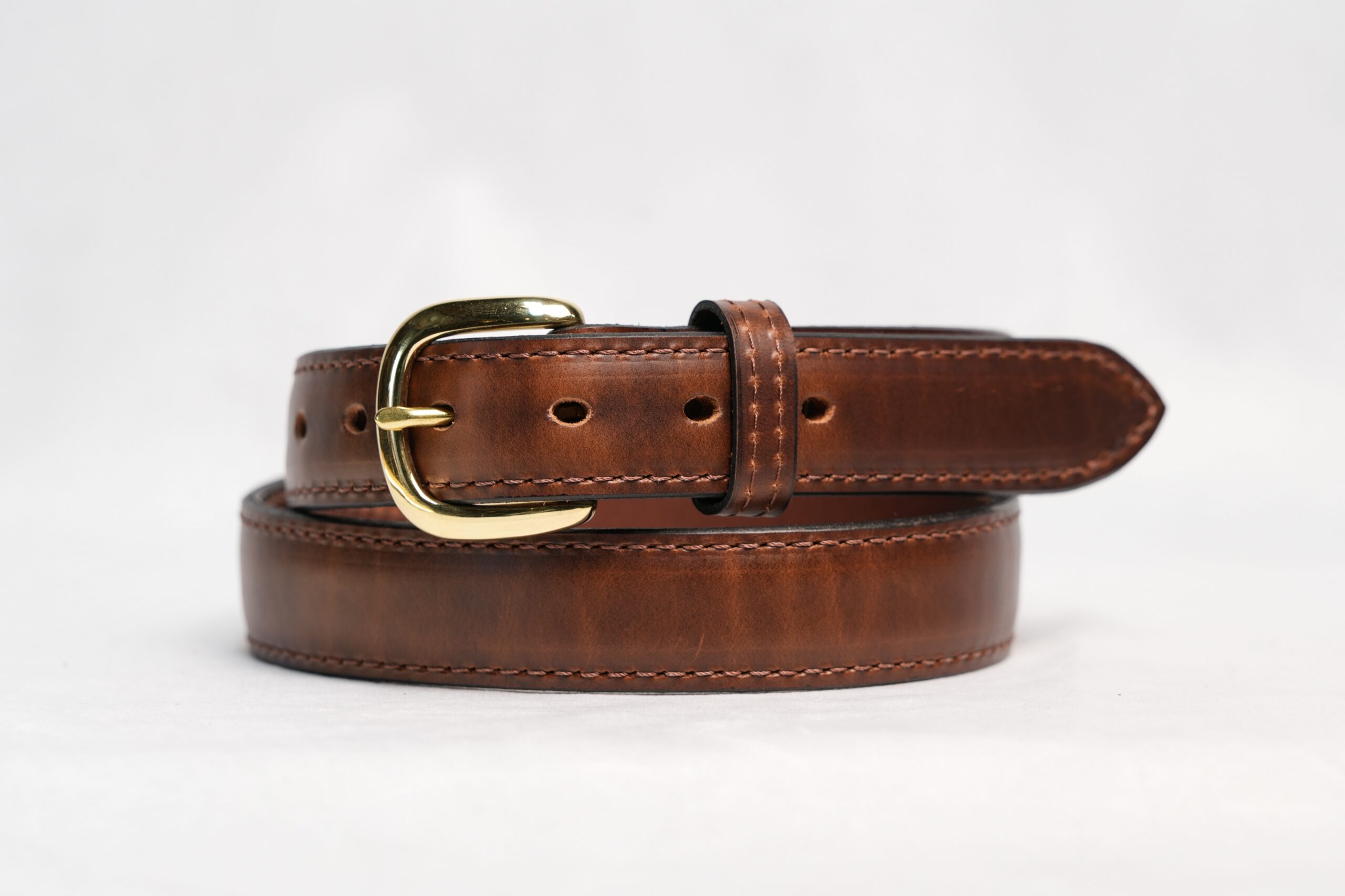 Brown 1.25-inch raised center leather belt with gold solid brass buckle