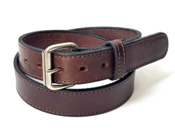Brown premium heavy cowhide leather belt with silver stainless steel roller buckle