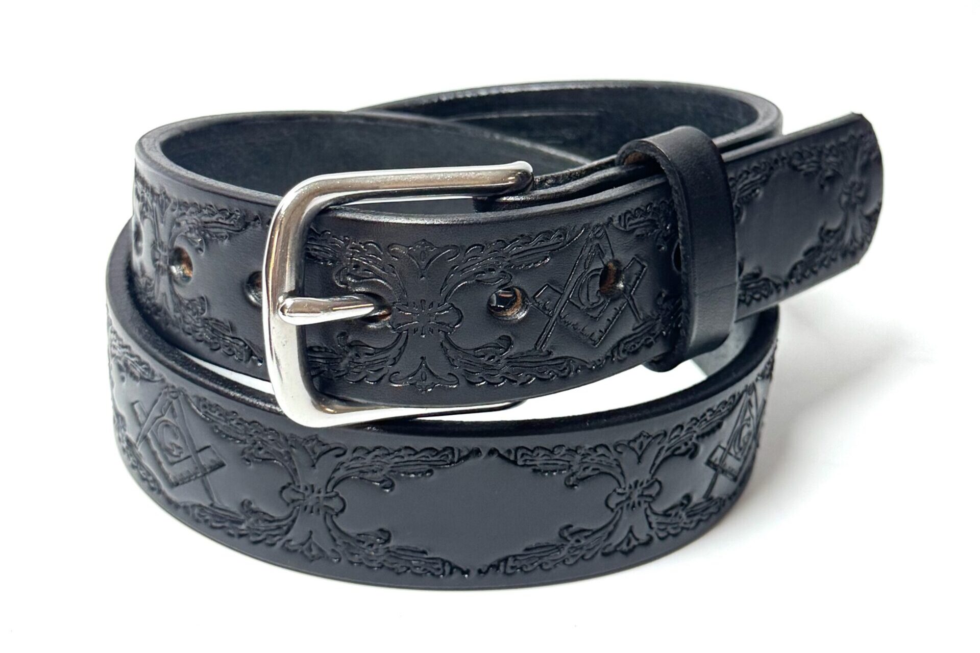 Black leather belt with detailed Freemason square-and-compass pattern