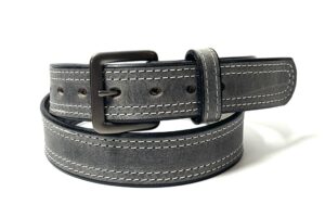 Grey double stitch leather belt with dark grey buckle
