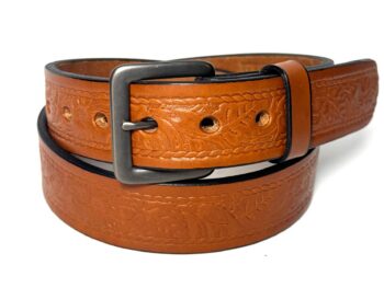 Handcrafted light brown floral leather belt front view