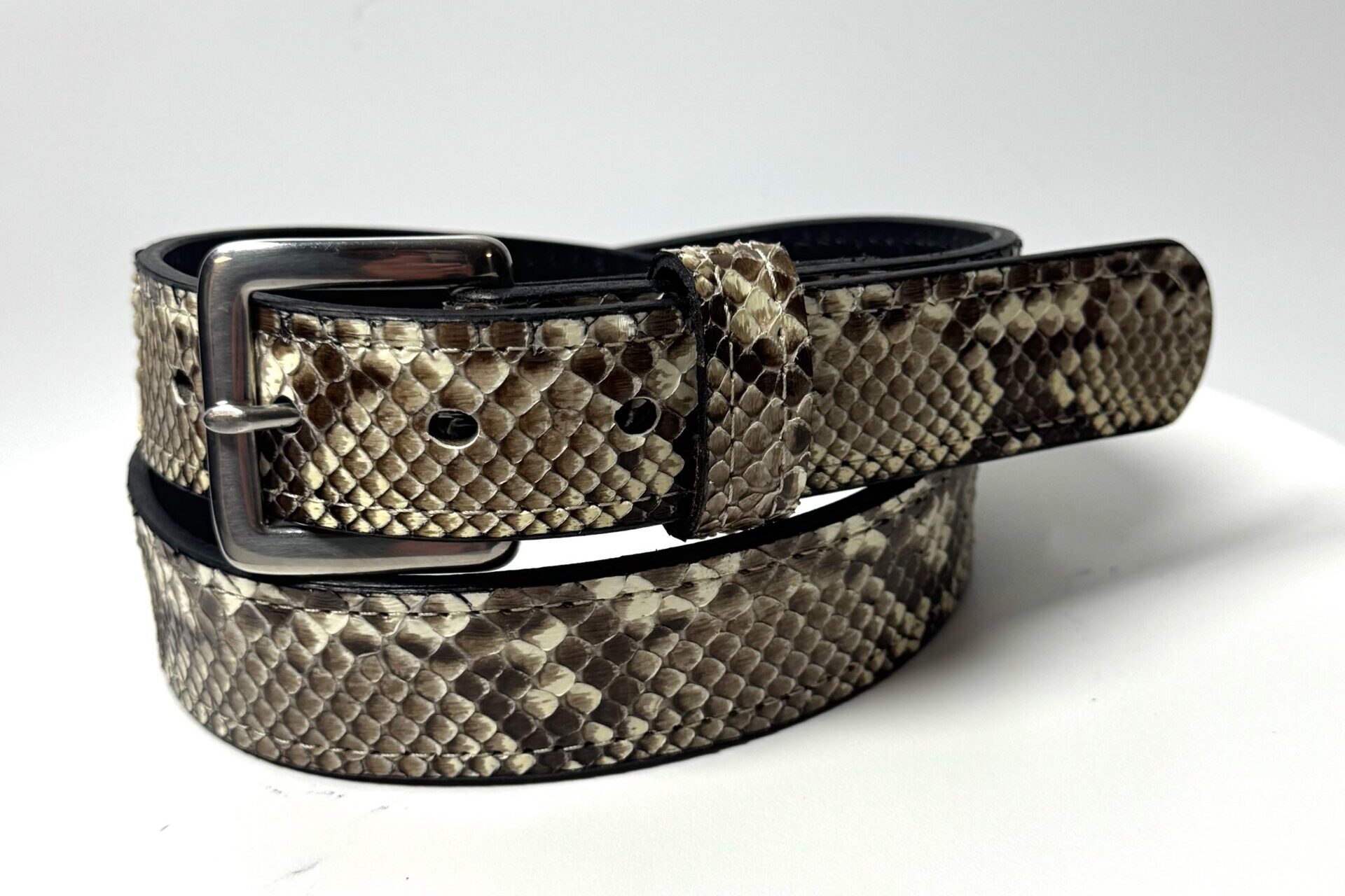 Natural python leather belt with silver stainless steel buckle