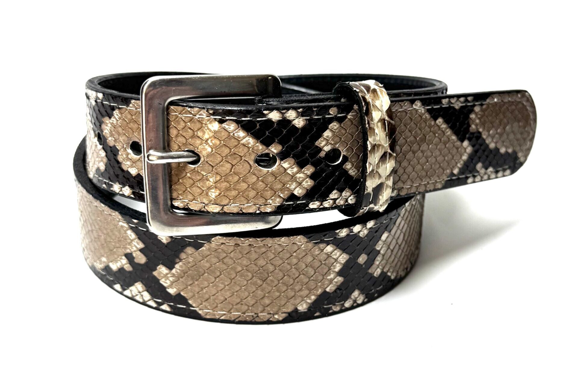 Natural python leather belt with silver stainless steel buckle