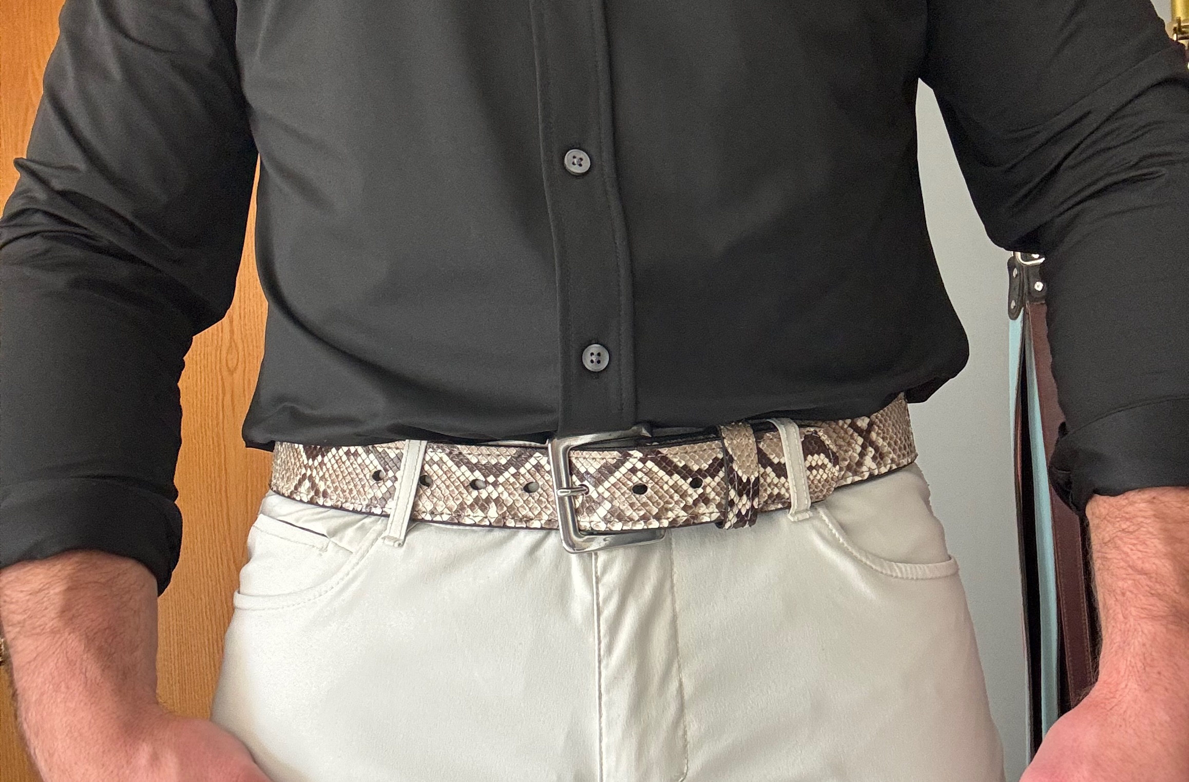 Natural python leather belt with silver stainless steel buckle Modeled