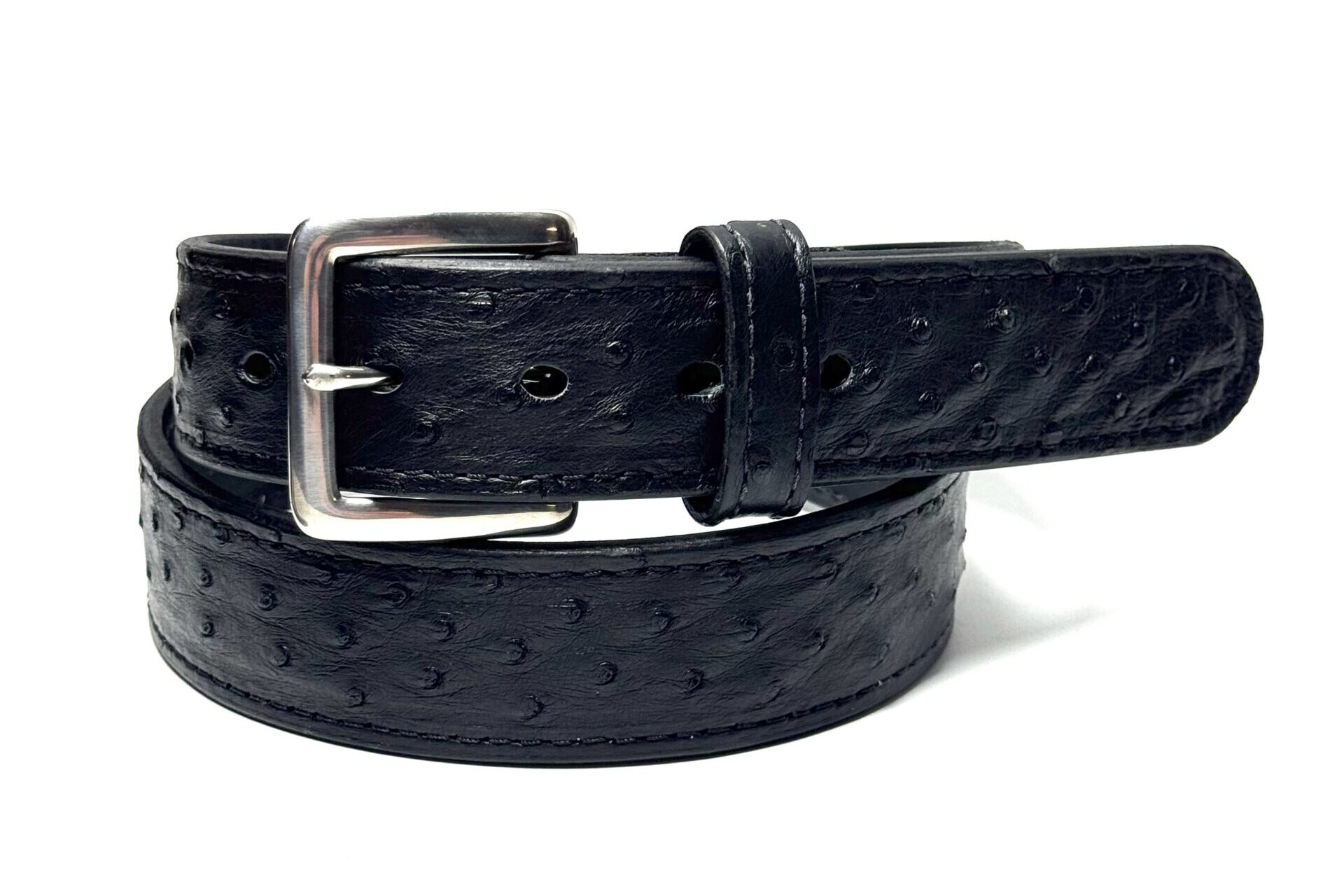 Close-up of natural quill texture on black ostrich leather belt