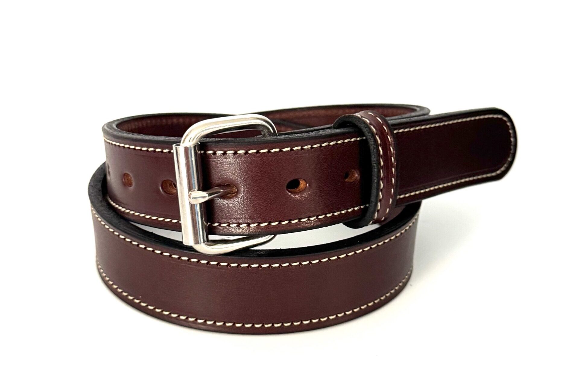 Brown premium heavy cowhide leather belt with white stitching and stainless steel buckle