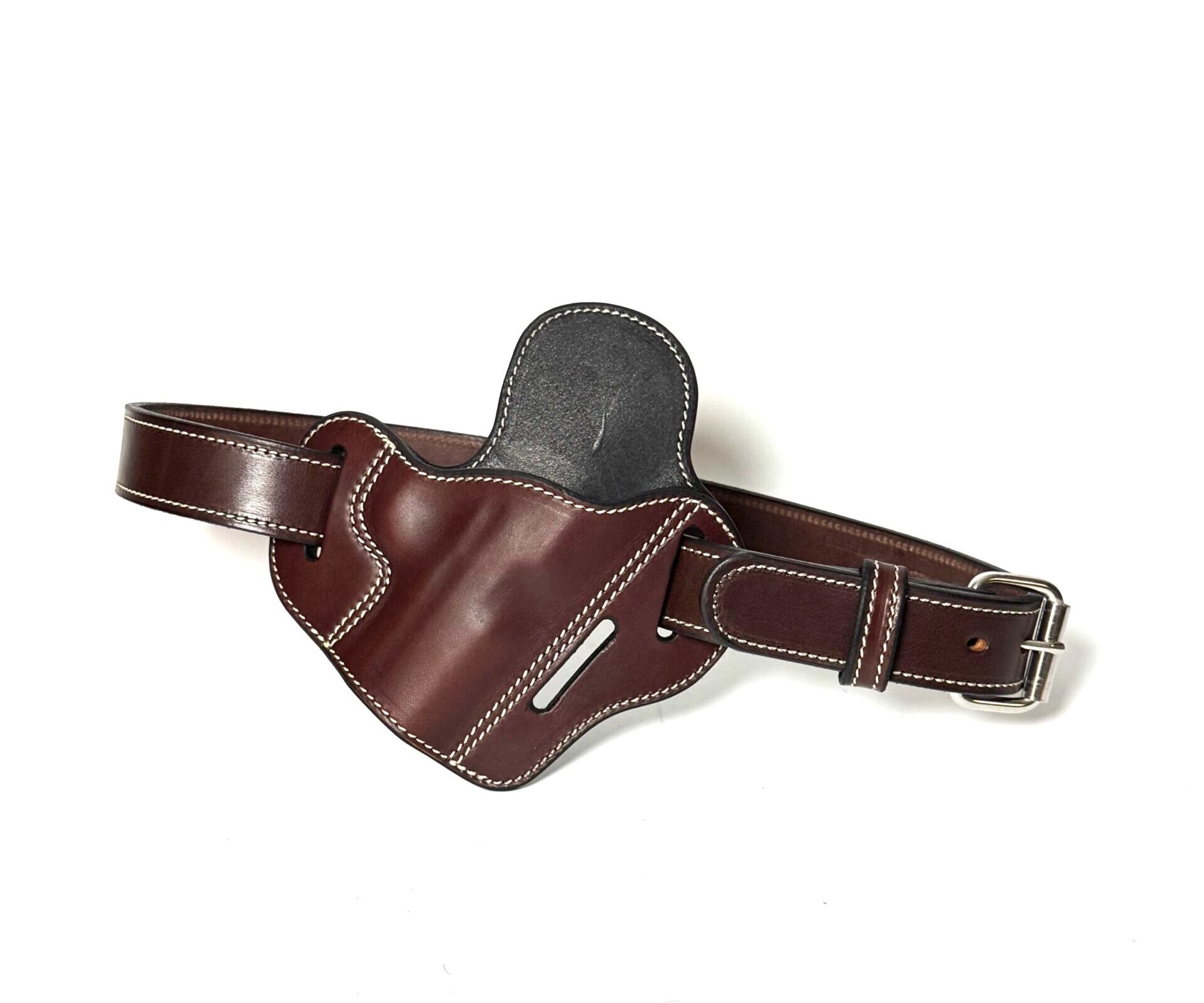 Brown 1911 leather holster and heavy-duty belt combo with white stitching
