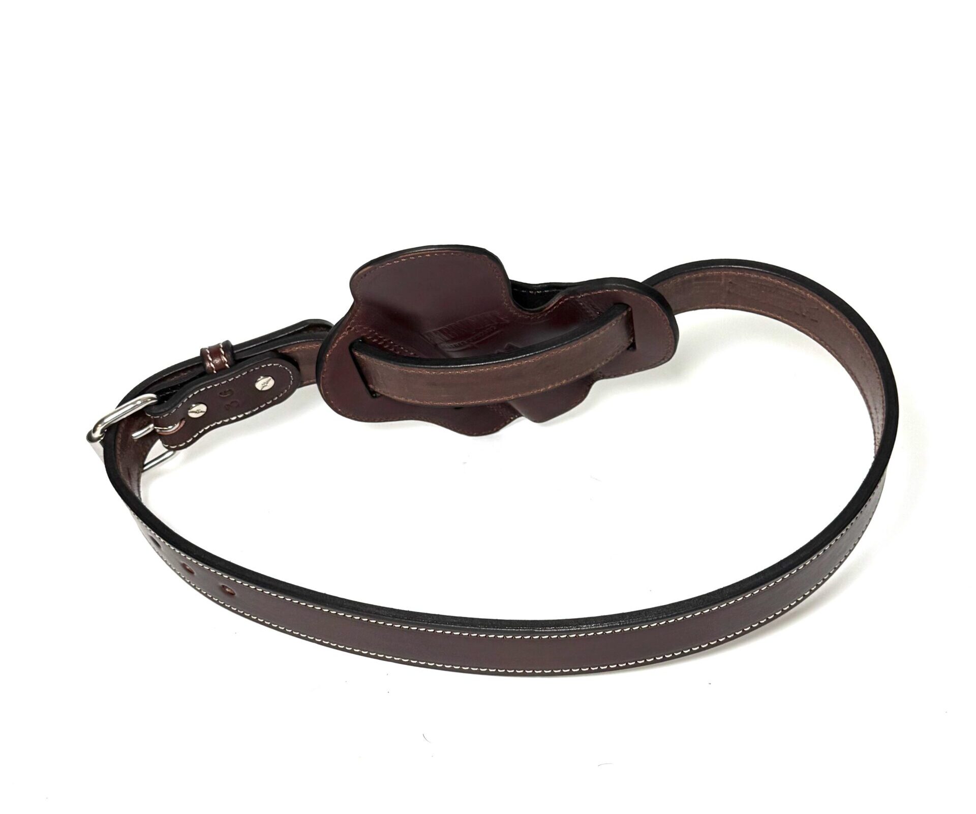 Back view of 1911 holster mounted on matching heavy-duty leather belt
