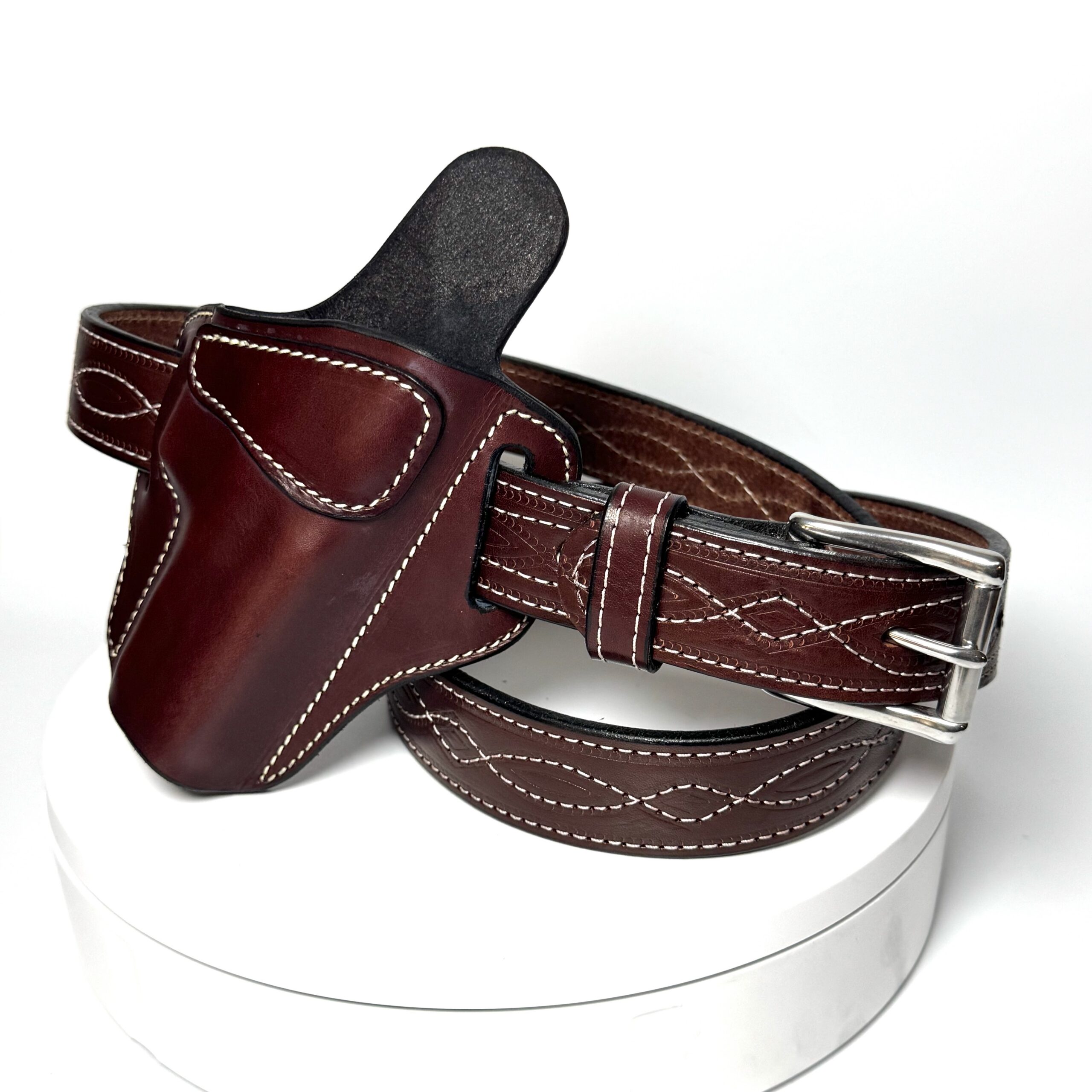 Amish made brown leather holster and Figure 8 stitch belt set