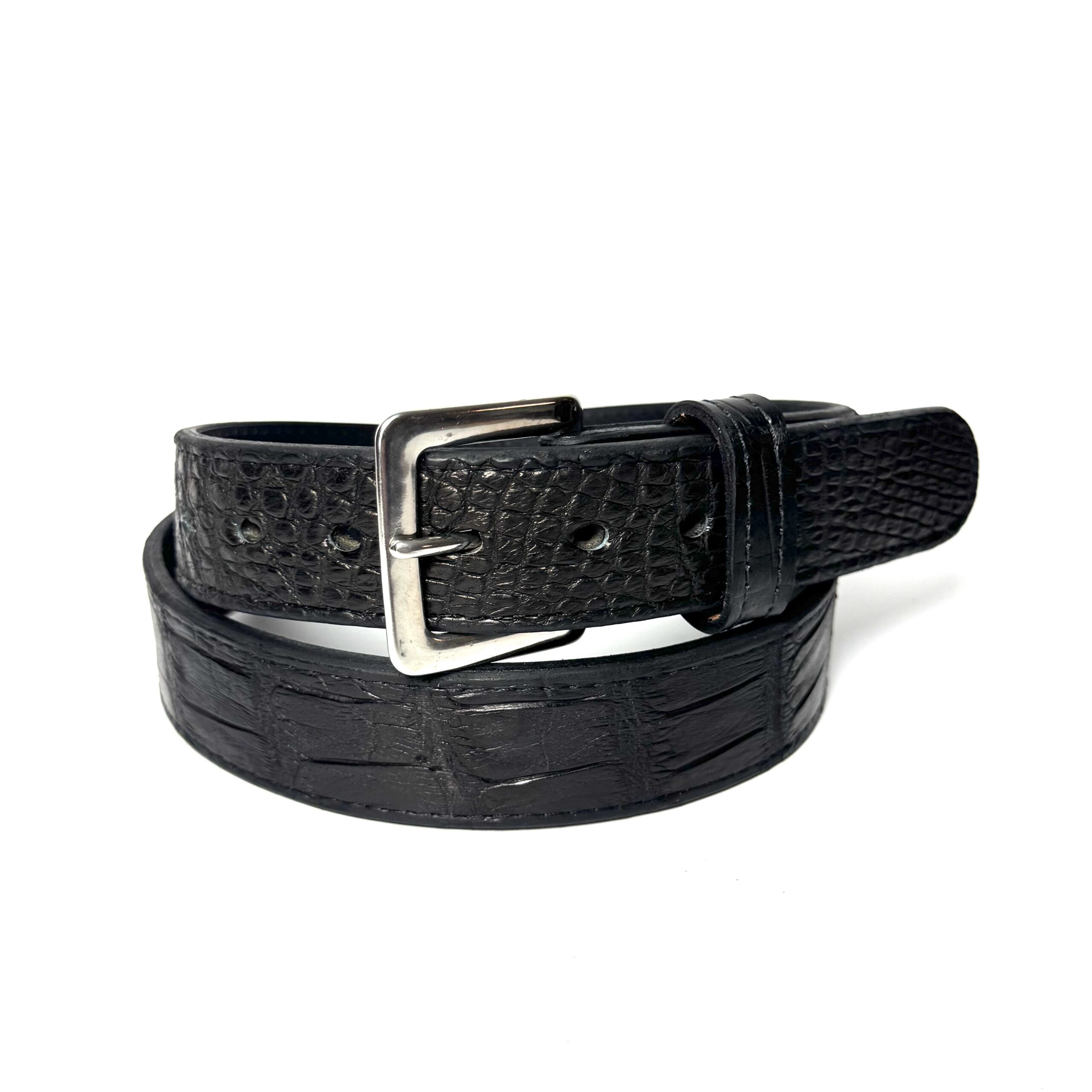 Front view of matte black alligator belt showing natural scale pattern
