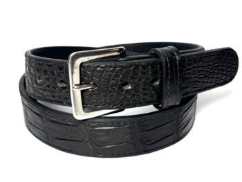 Matte black alligator leather belt with silver stainless steel buckle