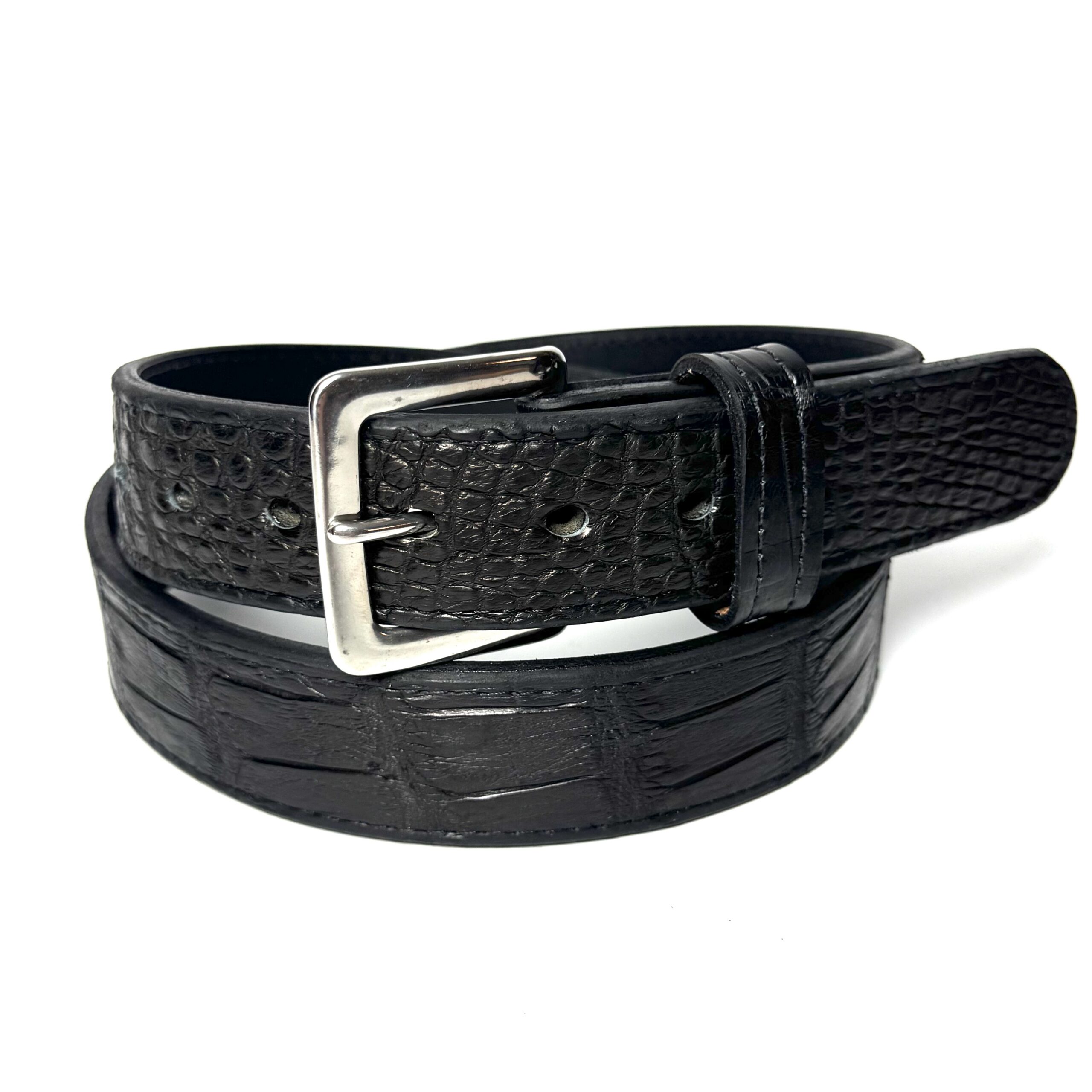 Matte black alligator leather belt with silver stainless steel buckle