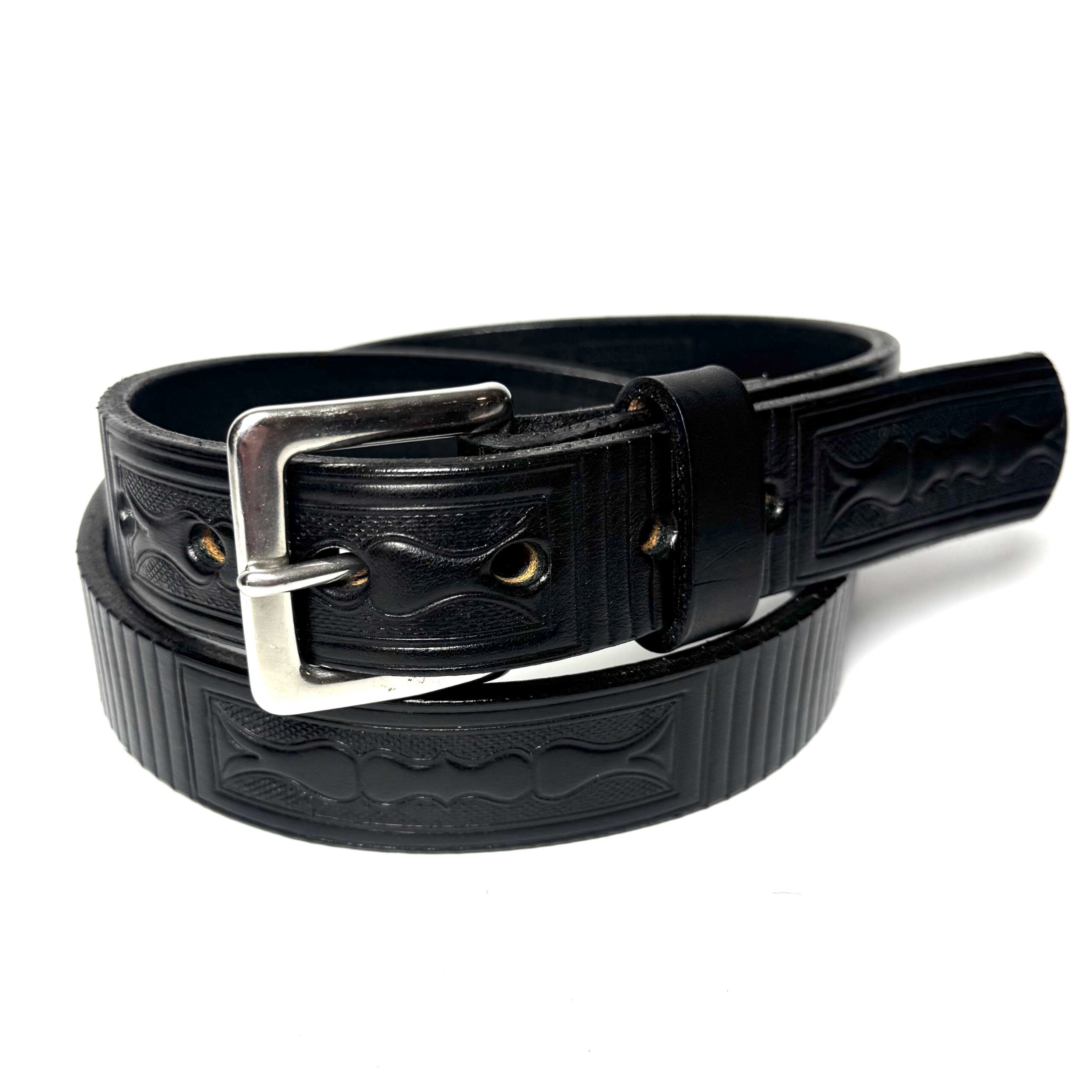 Stainless steel buckle on boxed black heavy leather belt