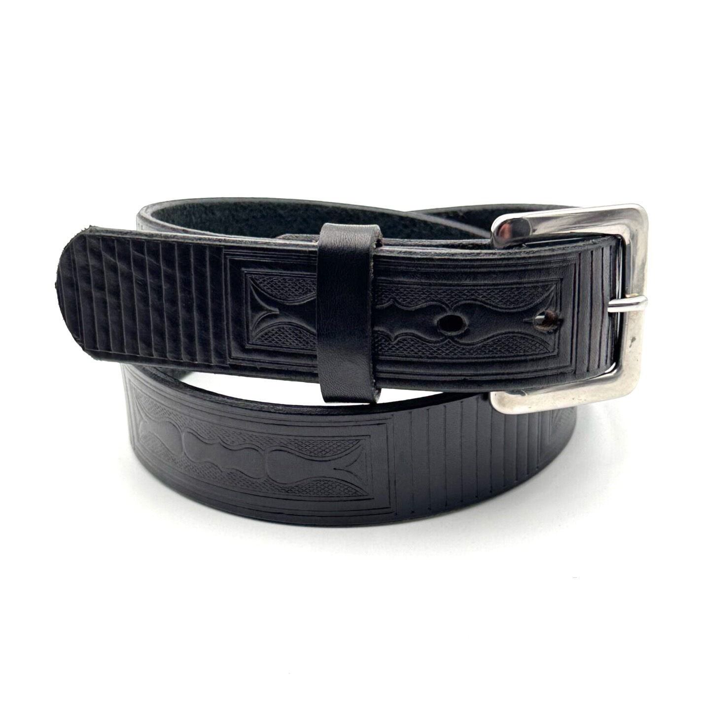 Angled view of Amish made boxed black leather belt