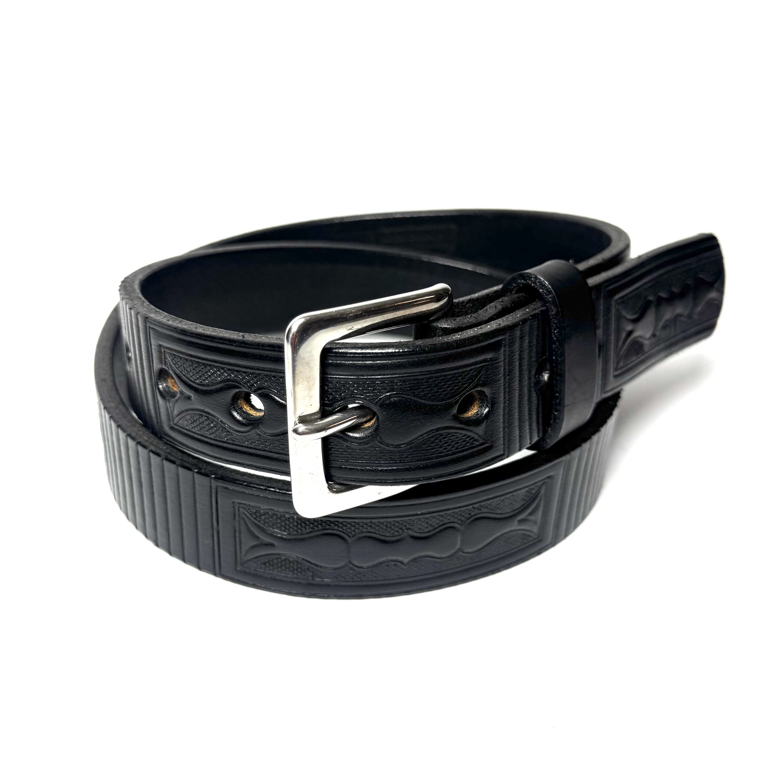 Black leather belt with boxed decorative pattern and silver buckle