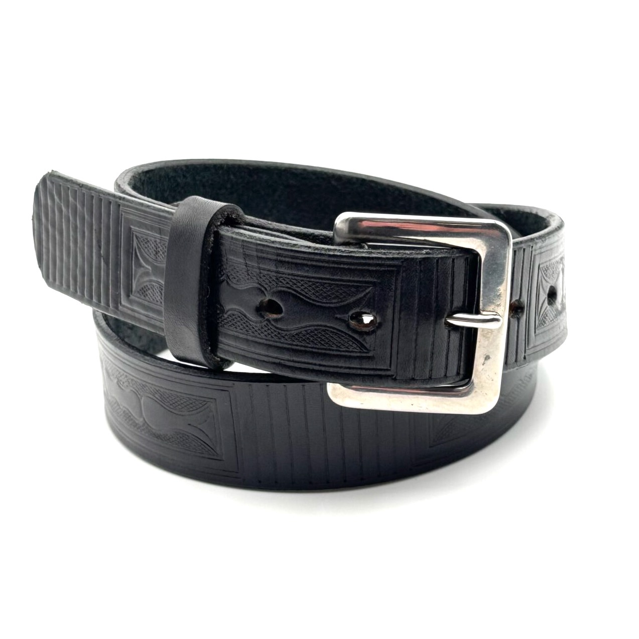 Close view of boxed pattern on black premium heavy leather belt