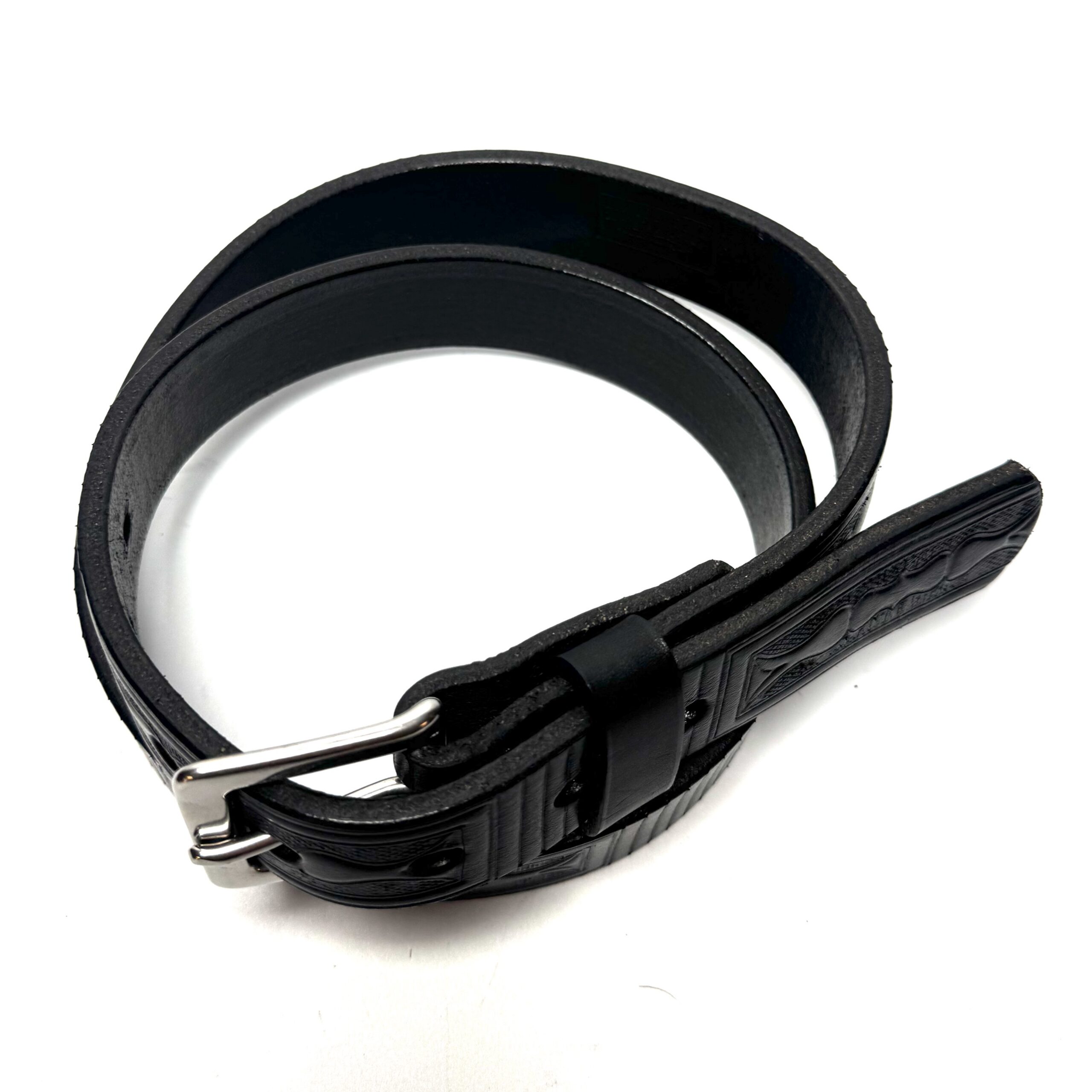 Boxed black premium heavy leather belt with stainless steel buckle top view