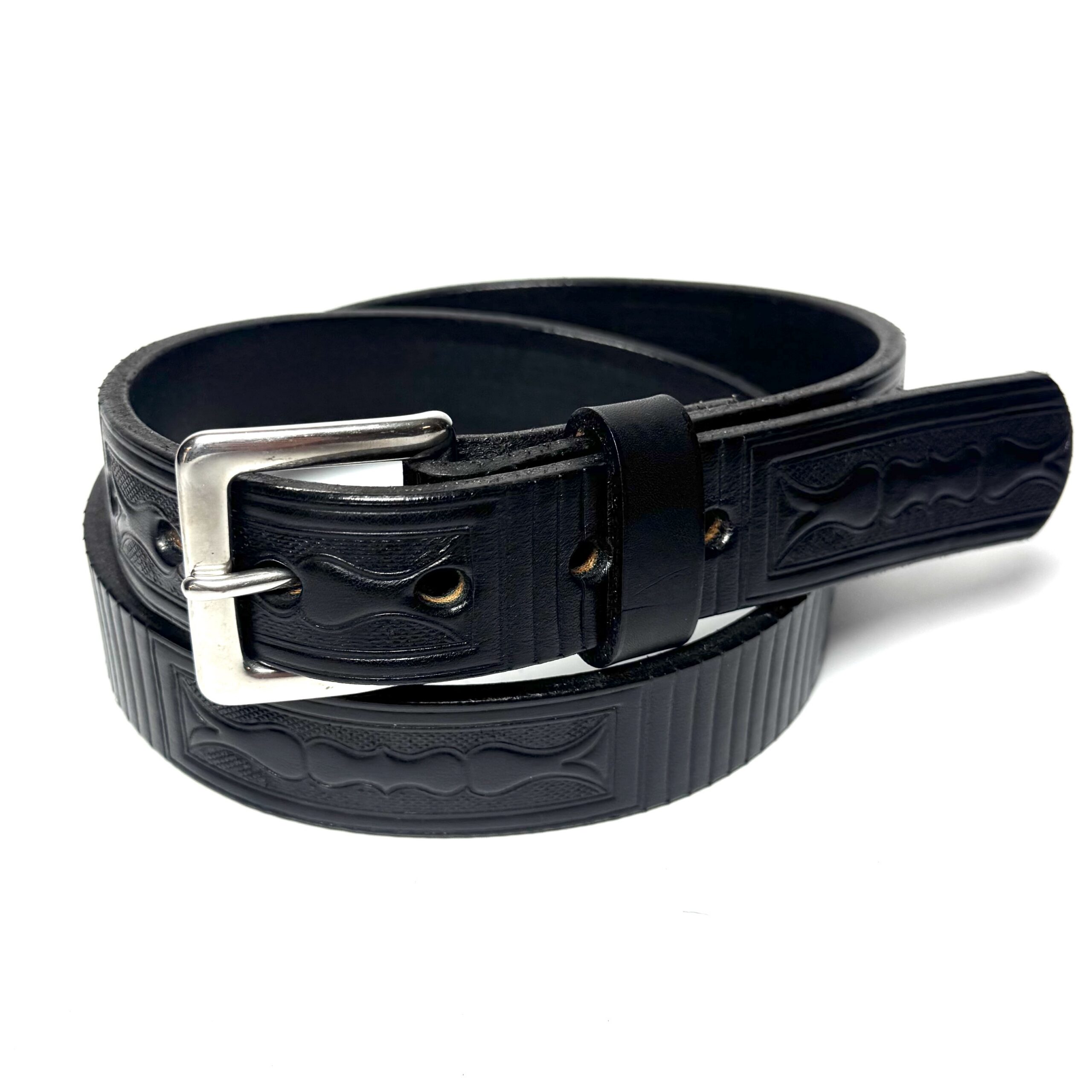 Boxed black premium heavy leather belt with stainless steel buckle