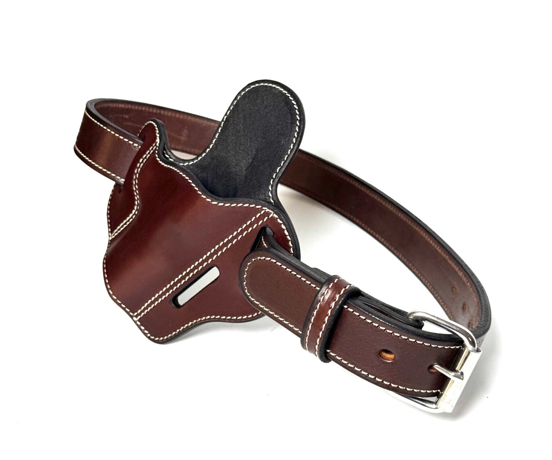 White contrast stitching on brown 1911 leather holster
