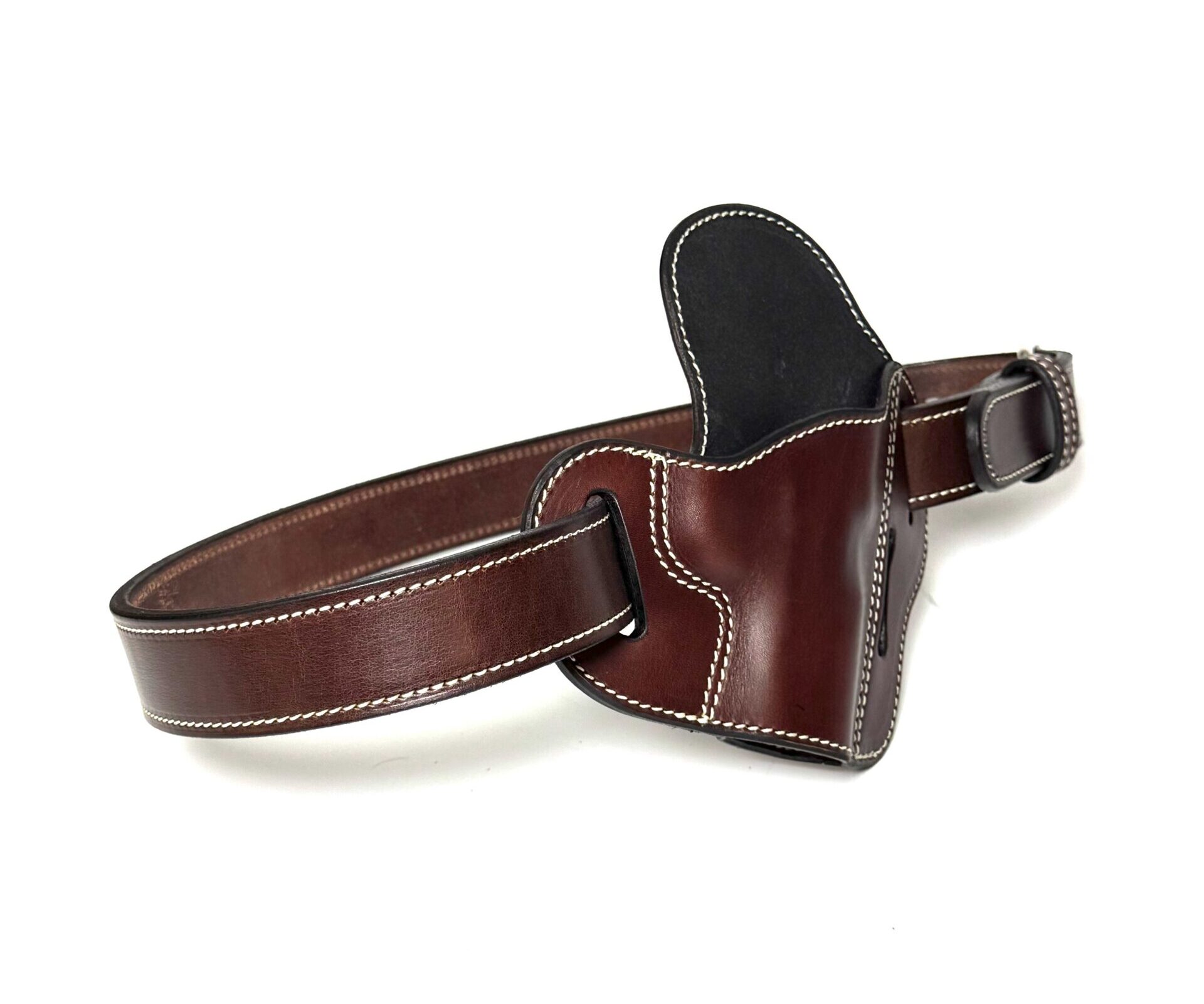 Rear angled view of brown 1911 leather holster and matching belt