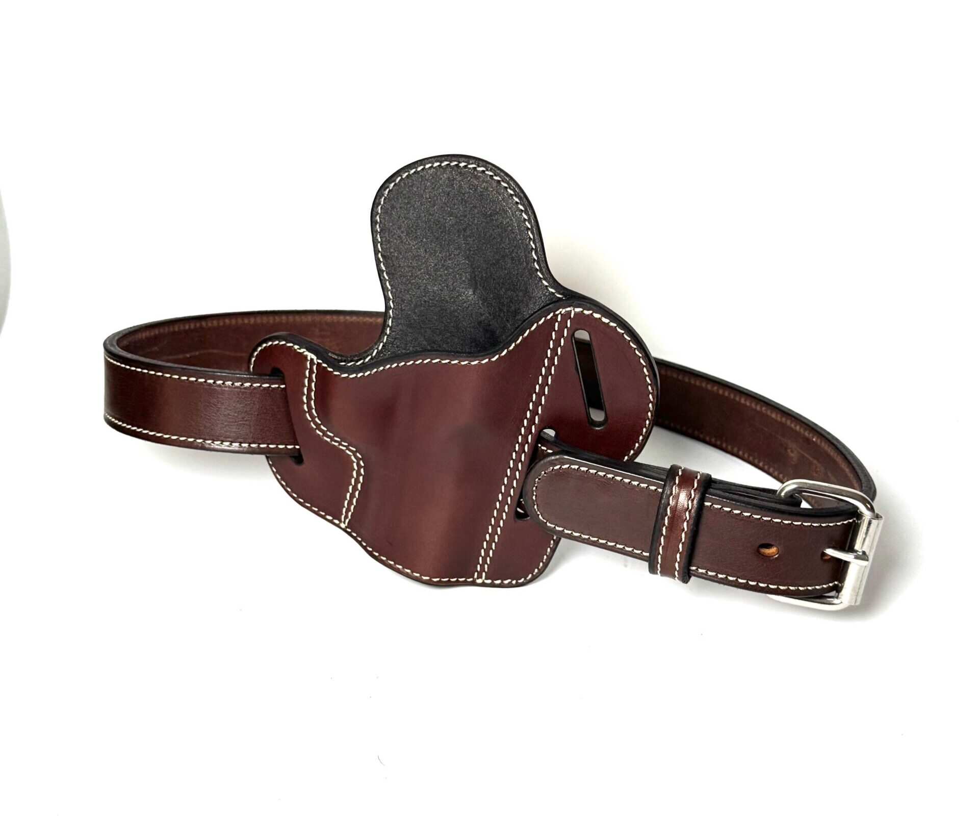 Front view of brown 1911 OWB leather holster with white stitching