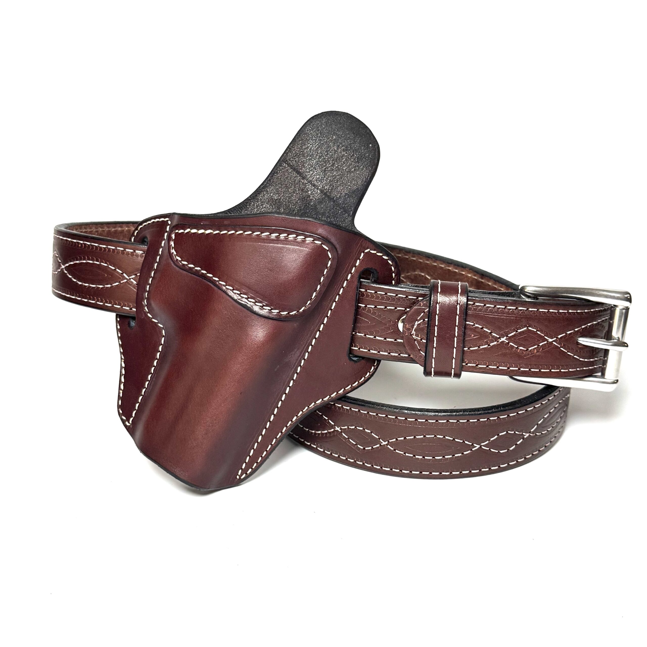 Brown leather OWB holster with Figure 8 stitched leather belt