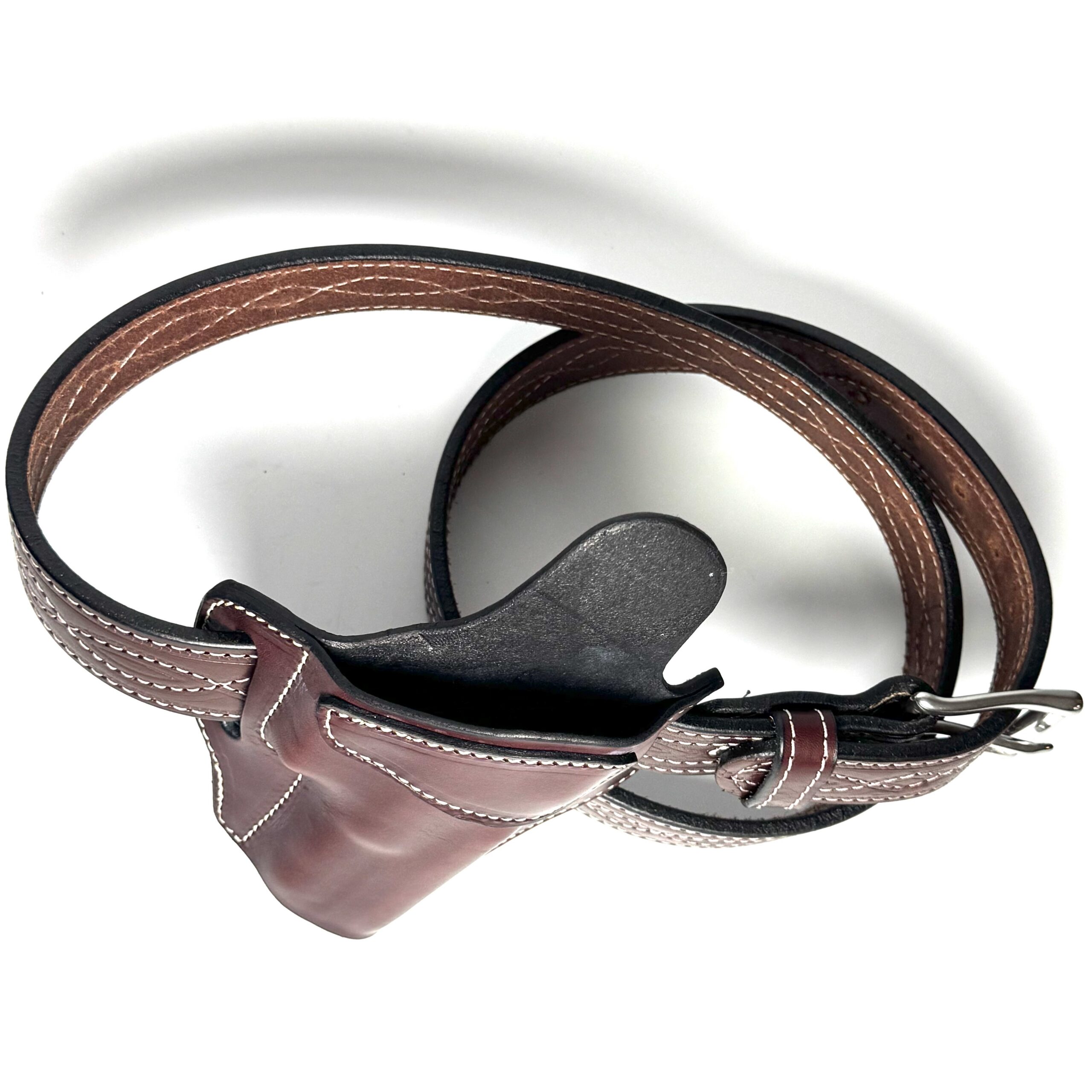 Rear view of brown OWB leather holster mounted on Figure 8 leather belt