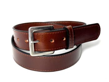 Front view of brown water buffalo leather dress belt