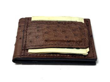 Brown ostrich leather money clip bifold wallet handmade in USA
