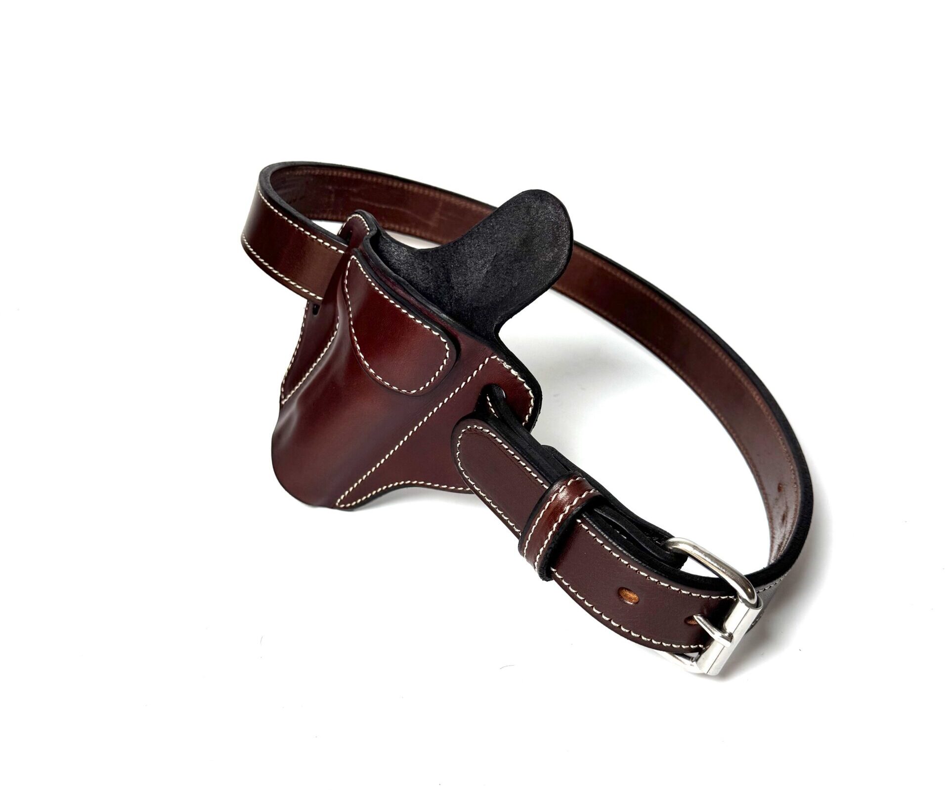 Angled opening view of white stitched brown 1911 leather holster