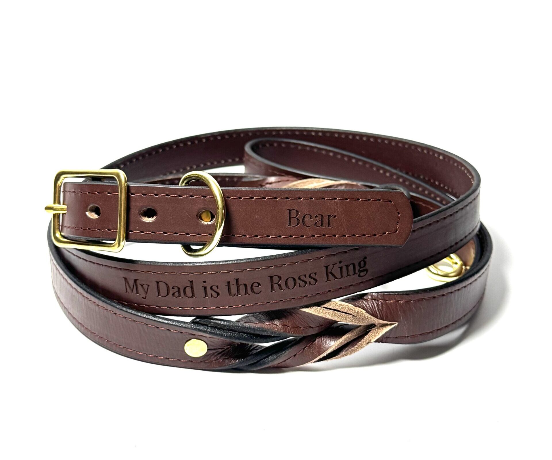 Personalized brown leather dog collar with engraved name