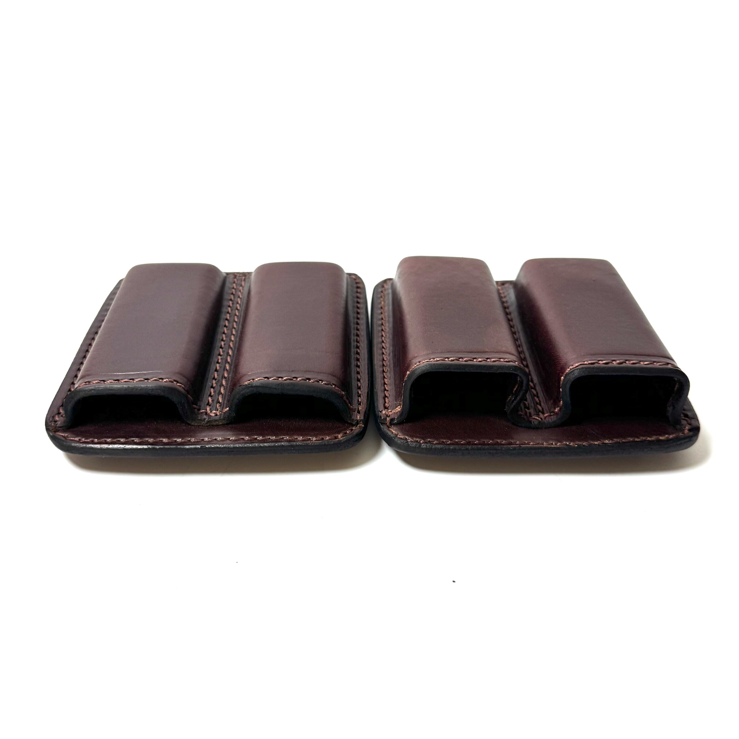 Brown dual leather magazine pouch showing two formed compartments