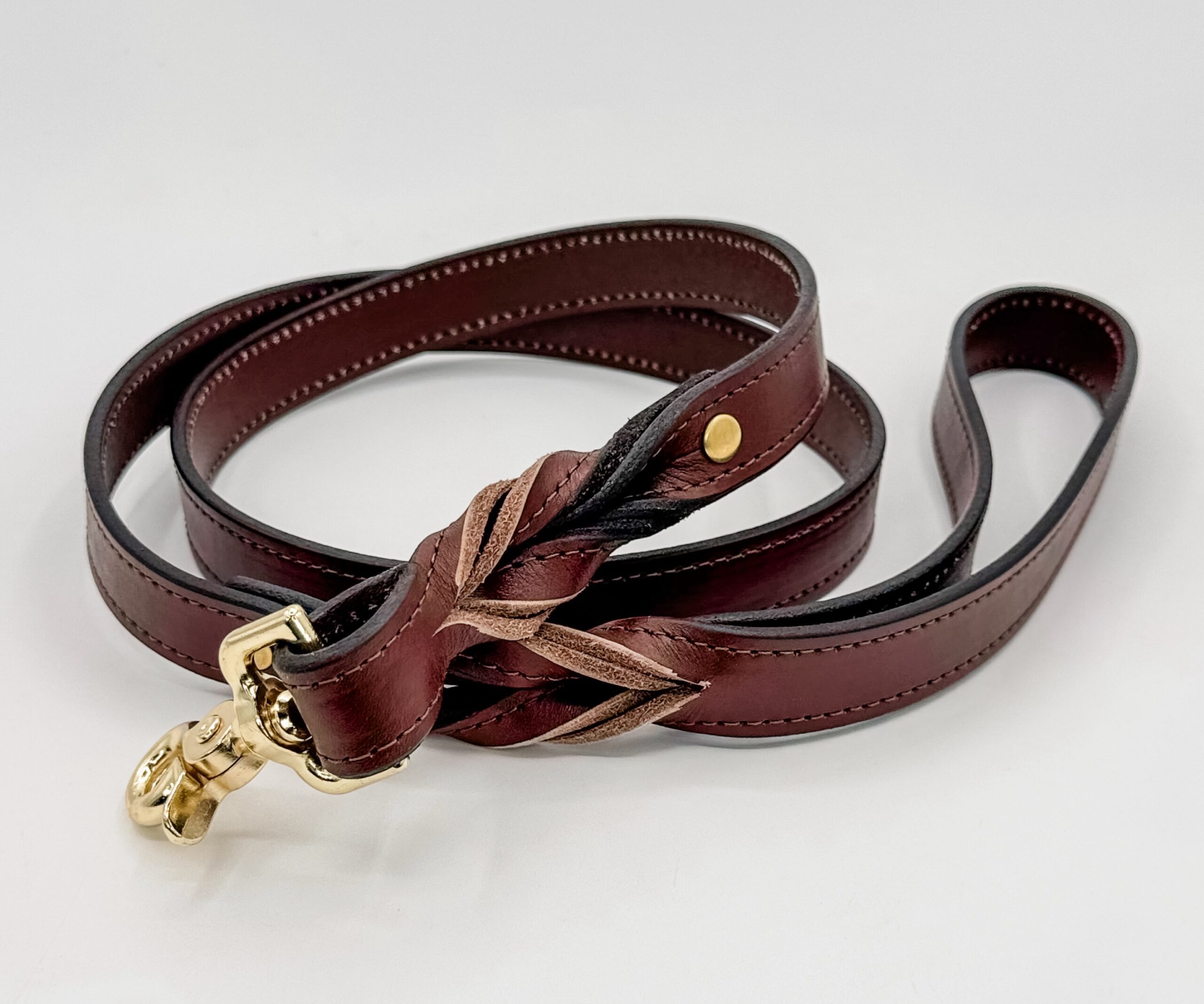 Brown leather dog leash with heavy-duty hardware