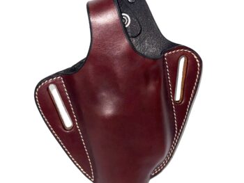 Front of brown leather OWB holster with white stitching and snap thumb break