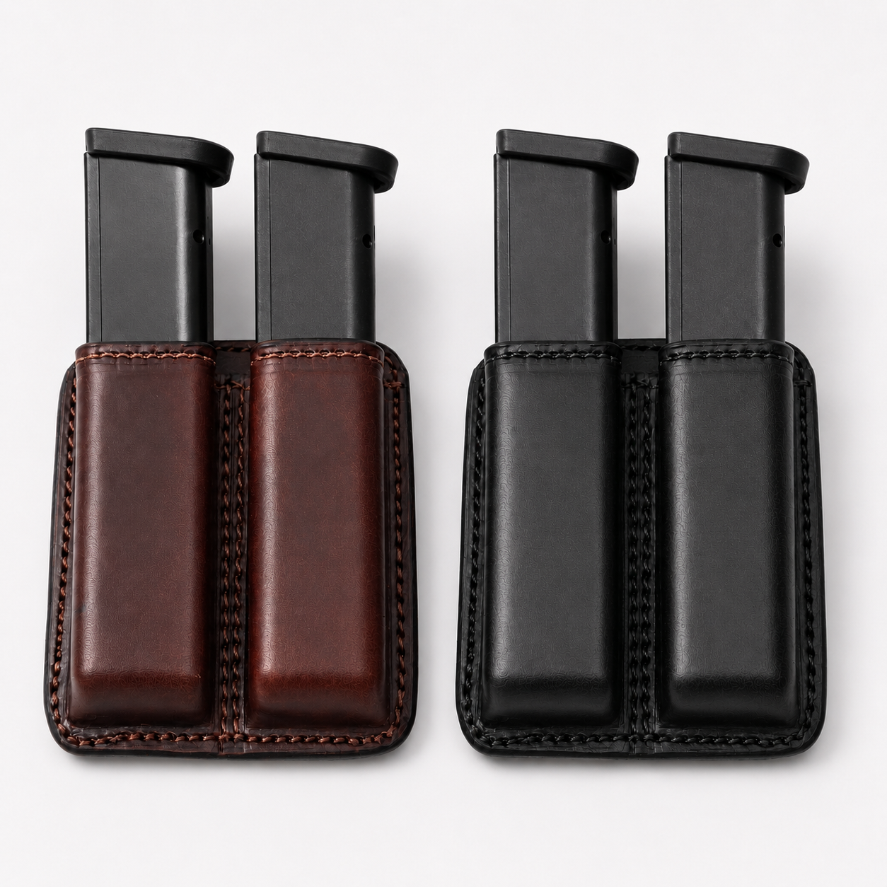 Black and brown full grain leather dual magazine carriers with magazines