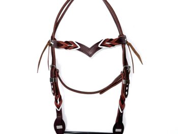 Rustic V Brown Leather Horse Headstall featuring a braided browband, decorative white accents, and adjustable leather straps.