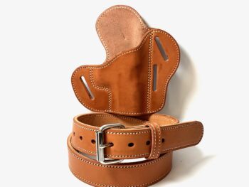 Tan 1911 leather OWB holster with matching heavy-duty belt and white stitching