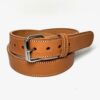 Tan full-grain leather belt with white stitching and silver roller buckle