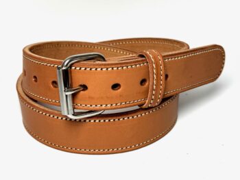 Tan full-grain leather belt with white stitching and silver roller buckle