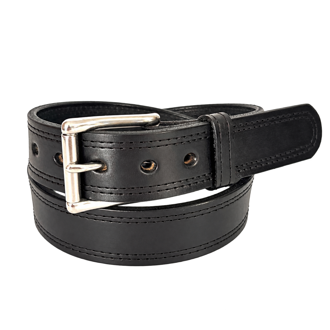 Stainless steel silver roller buckle and double stitching on a black cowhide belt