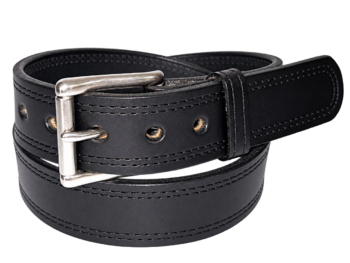 Black double stitch heavy duty leather belt with stainless steel silver roller buckle