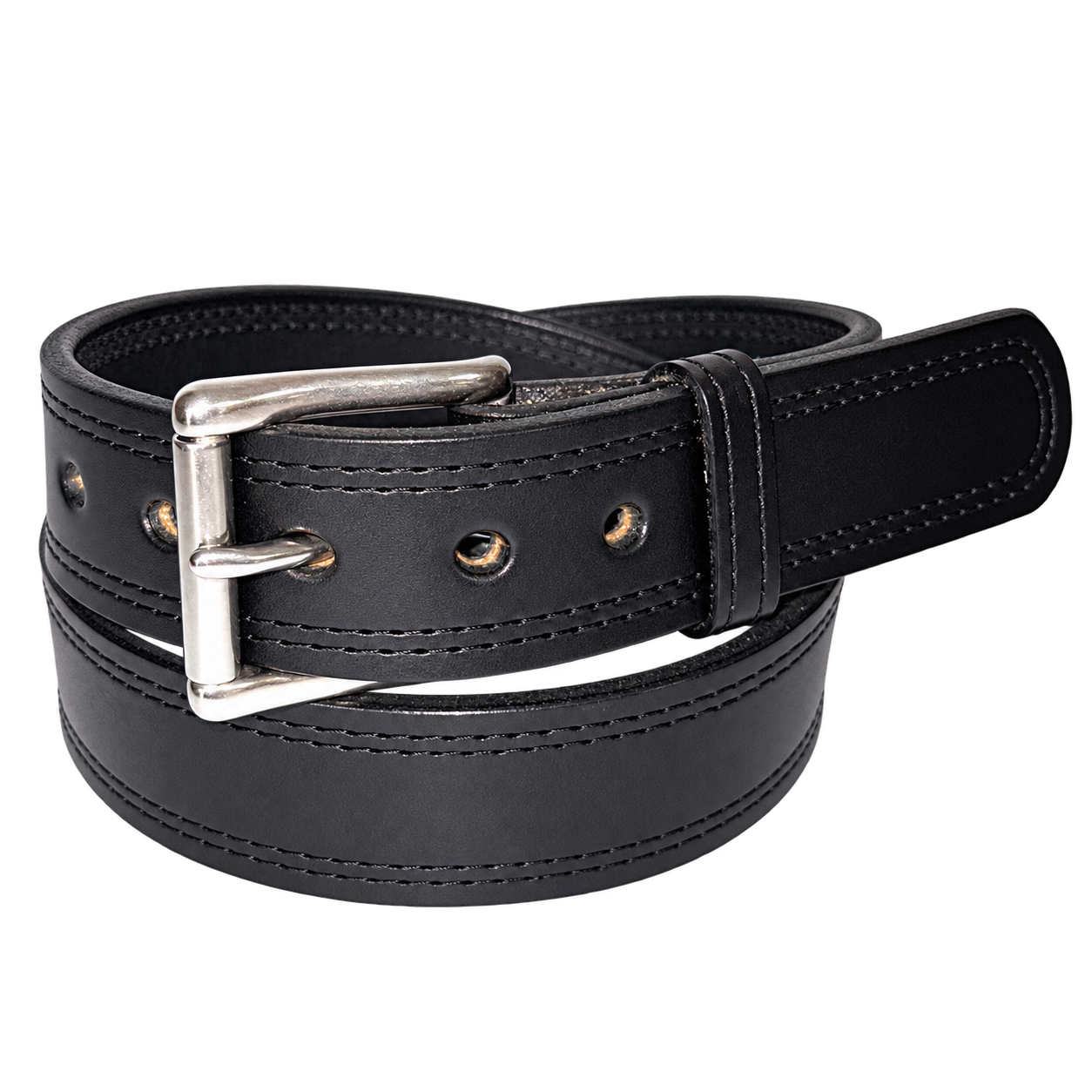 Black double stitch heavy duty leather belt with stainless steel silver roller buckle