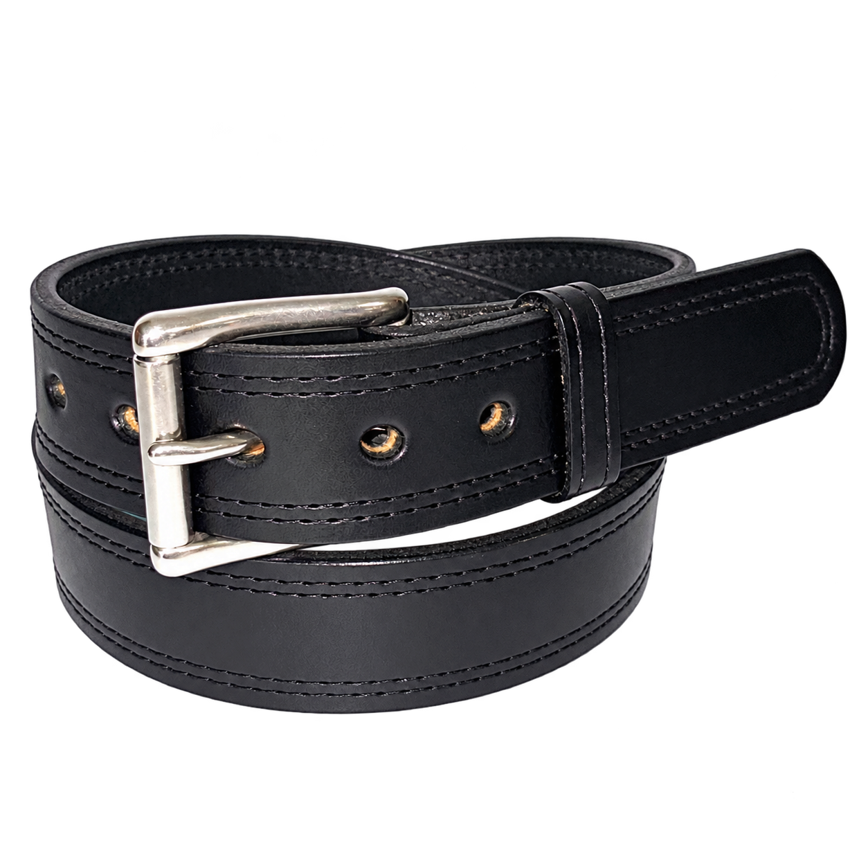 Close view of double rows of stitching and leather keeper on a black heavy duty belt
