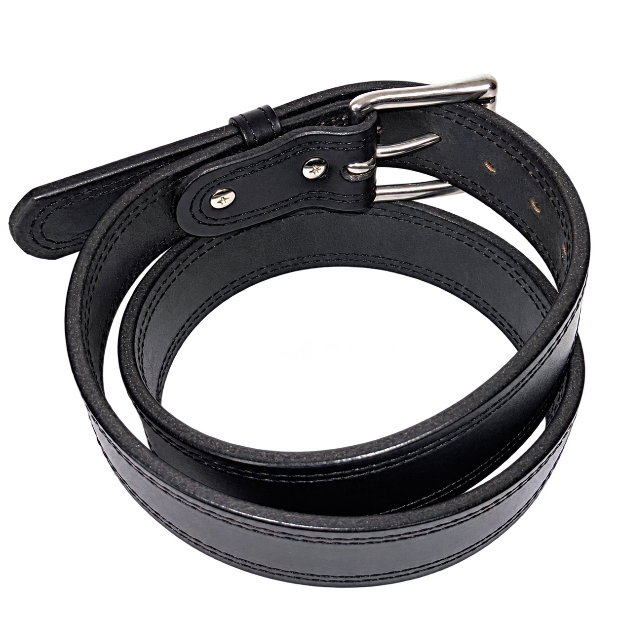 Underside of black cowhide belt showing double stitching and screw-fastened buckle attachment