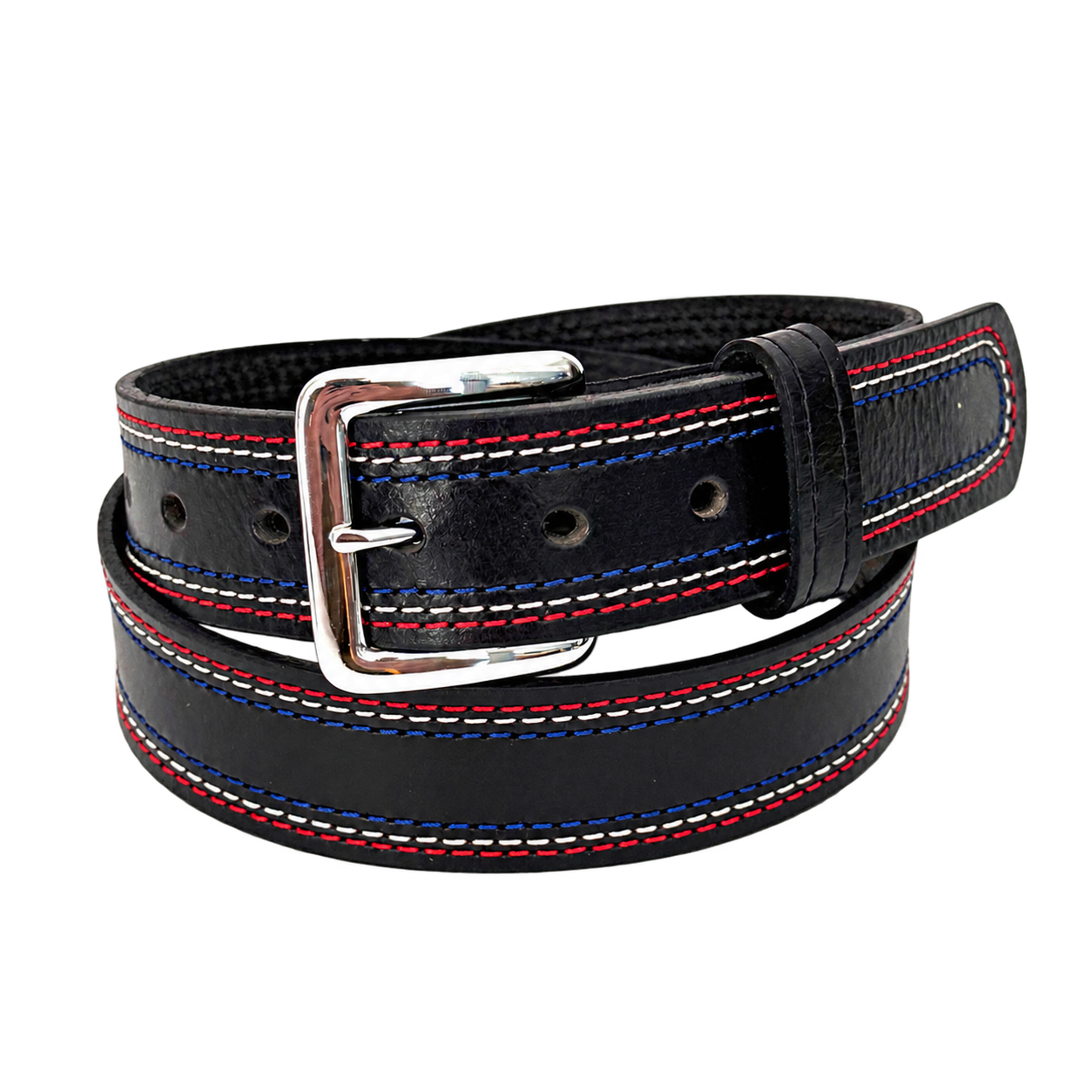 Angled view of the stainless steel buckle and red, white and blue stitching on a black water buffalo belt
