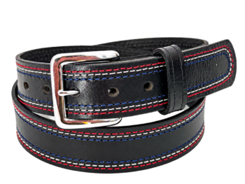 Black water buffalo leather belt with patriotic stitching and a stainless steel buckle, front view