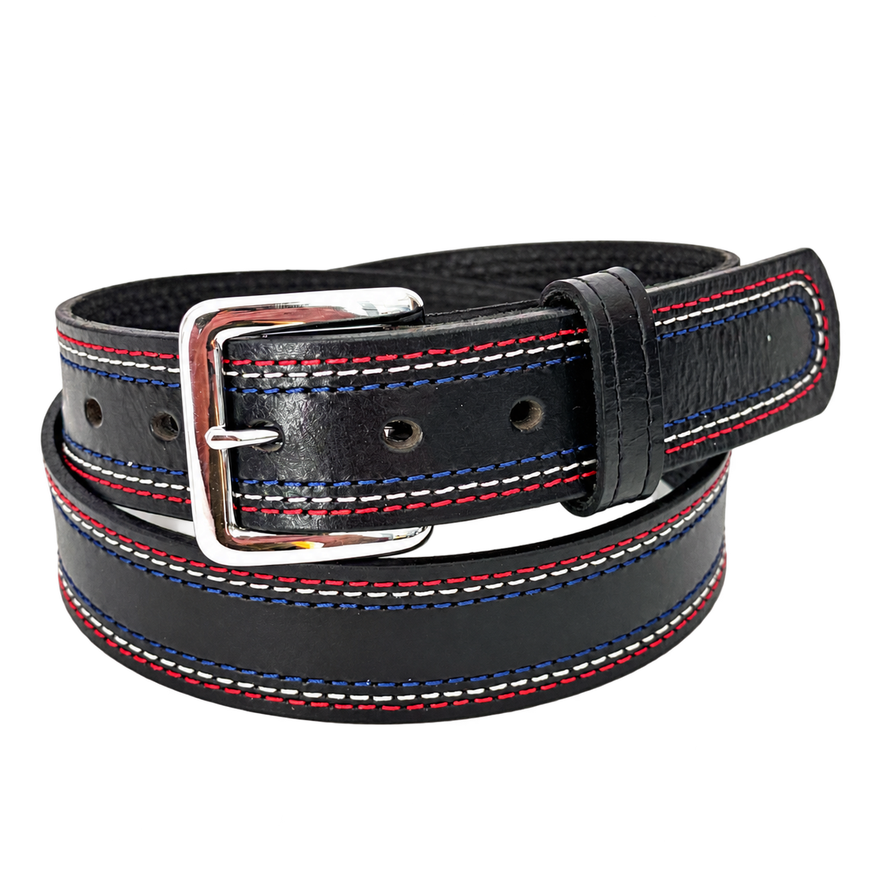 Black water buffalo leather belt with patriotic stitching and a stainless steel buckle, front view