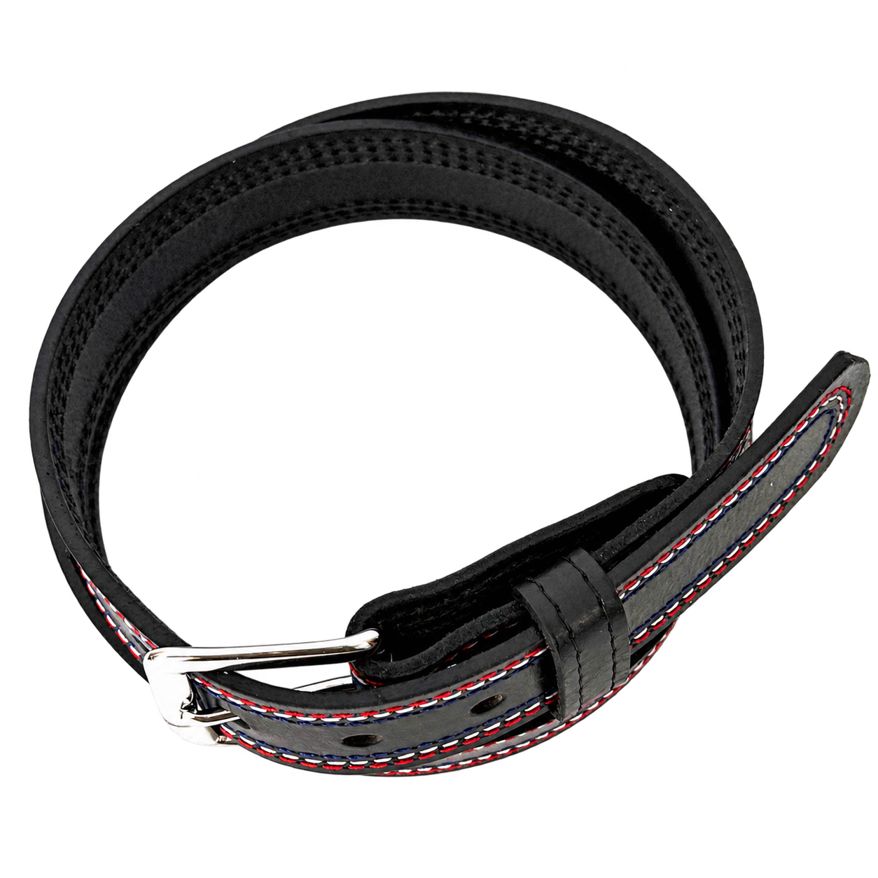 Top view of a coiled black water buffalo leather belt with red, white and blue stitching