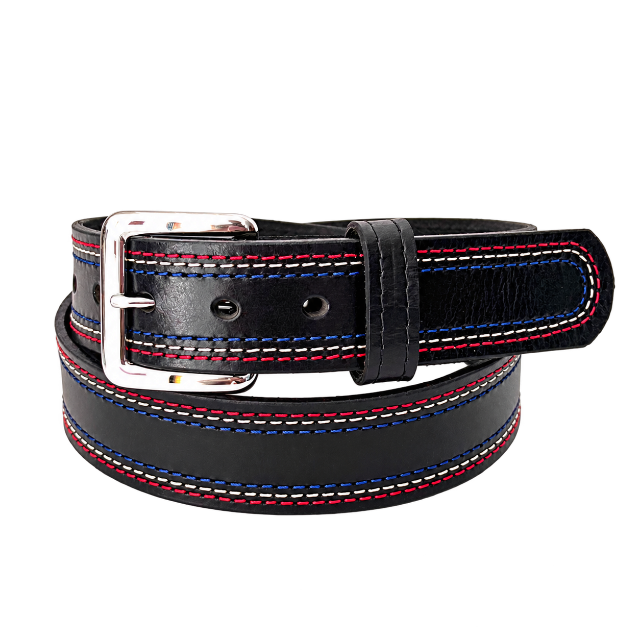 Coiled black water buffalo belt with a stainless steel buckle and three-color stitching along both edges