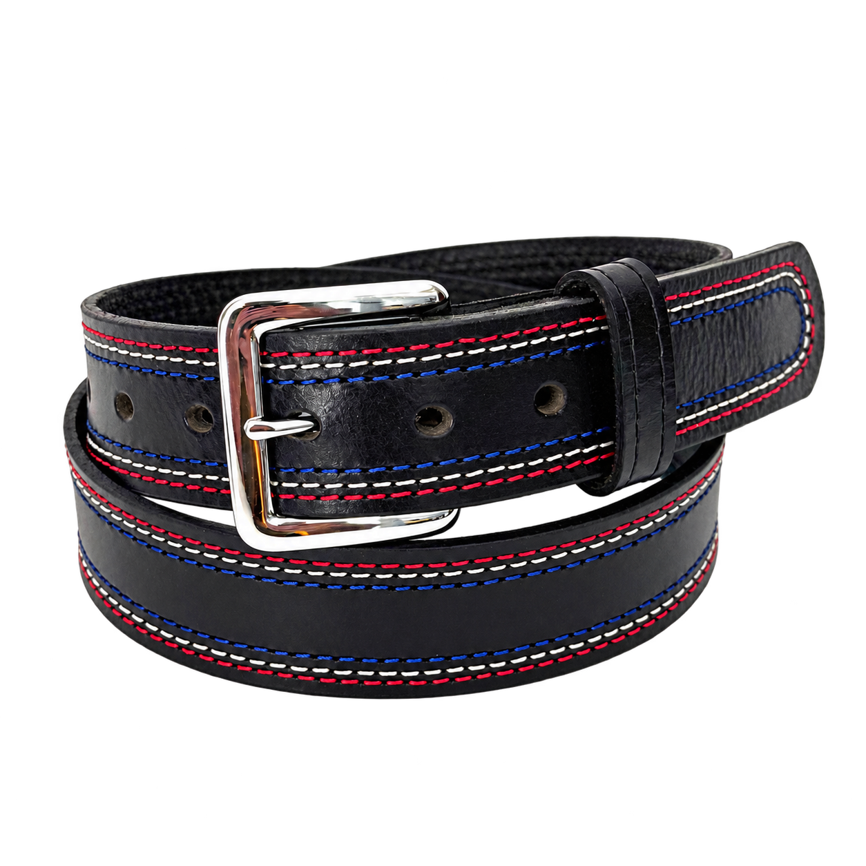 Black water buffalo leather belt showing colored stitching, adjustment holes and a black leather keeper